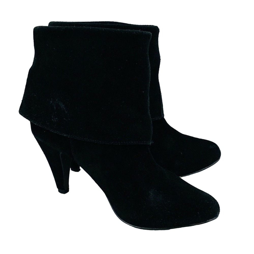 Womens 7.5 Steve Madden Jinnie Ankle Boots Black Suede Leather Cuff 3" Heels